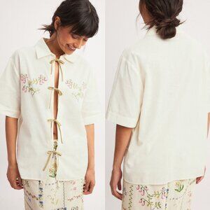 NA-KD Embroidery Detail Short Sleeve Shirt in Off-White NEW
